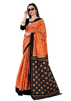 Orange  Printed Cotton Saree Set