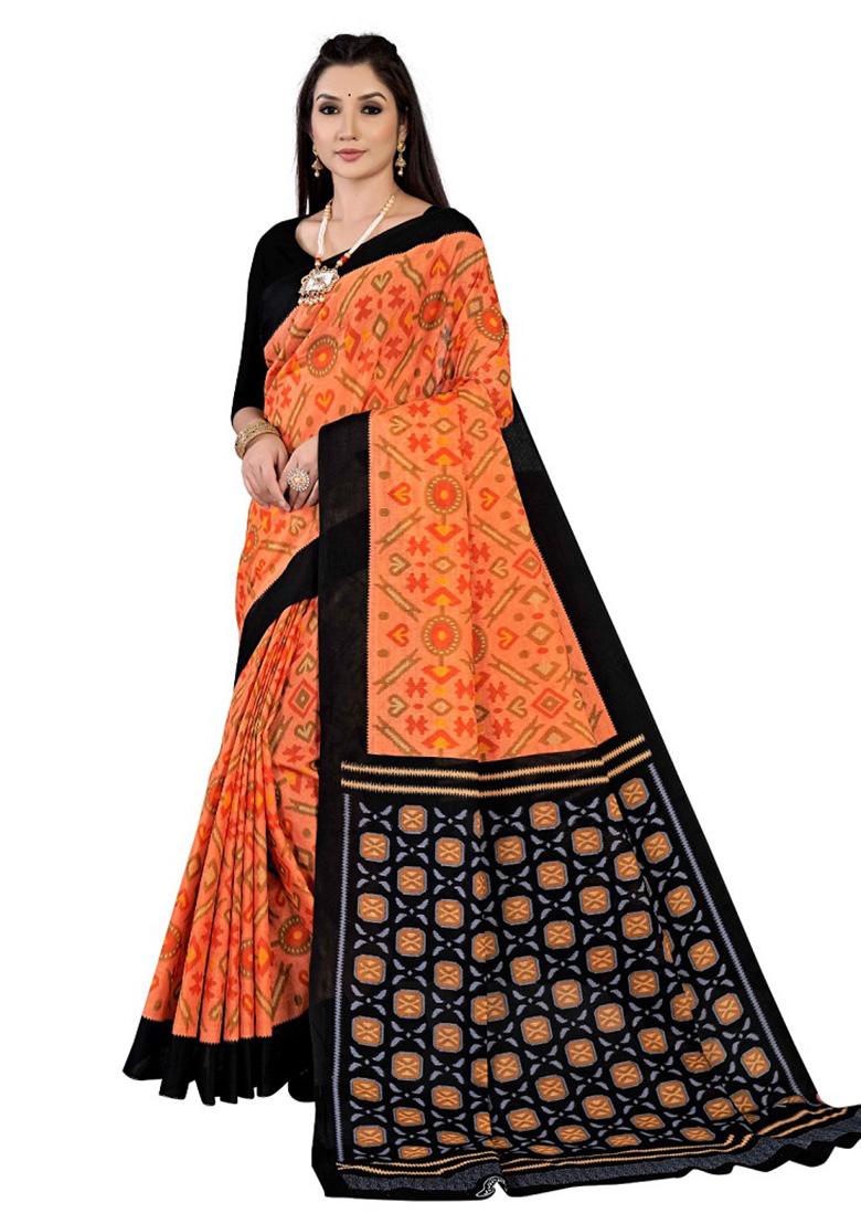 Orange  Printed Cotton Saree Set