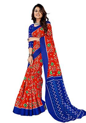 Orange  Printed Cotton Saree Set