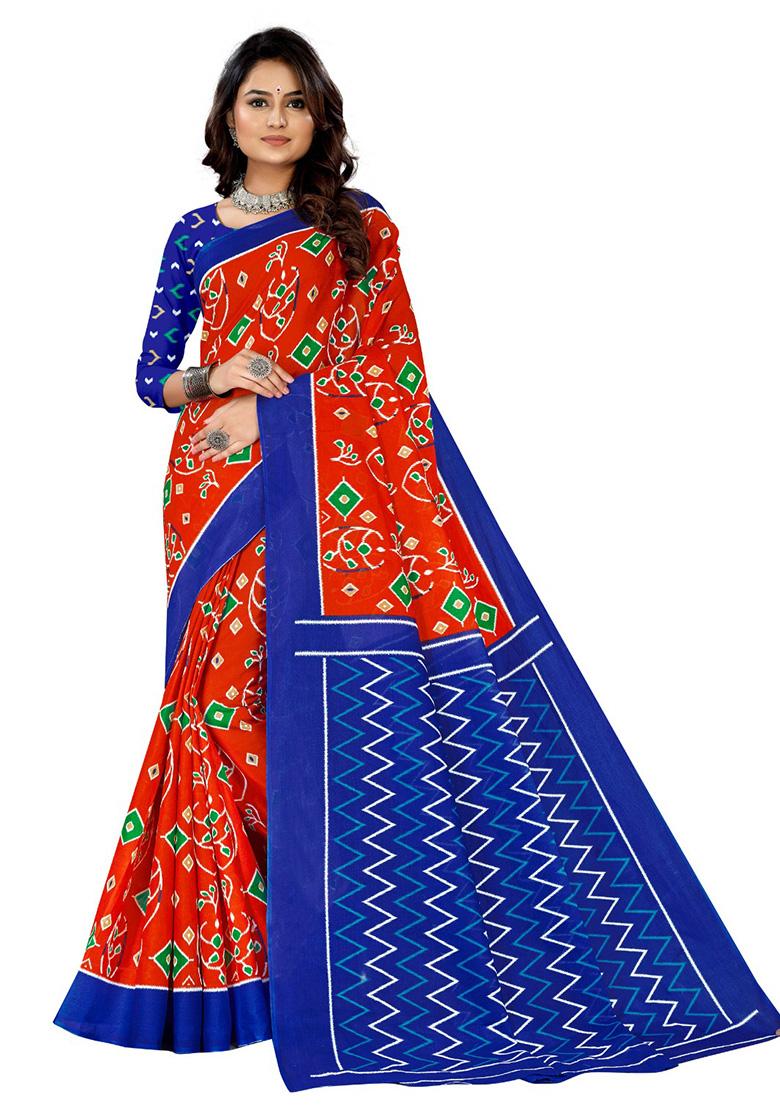 Orange  Printed Cotton Saree Set