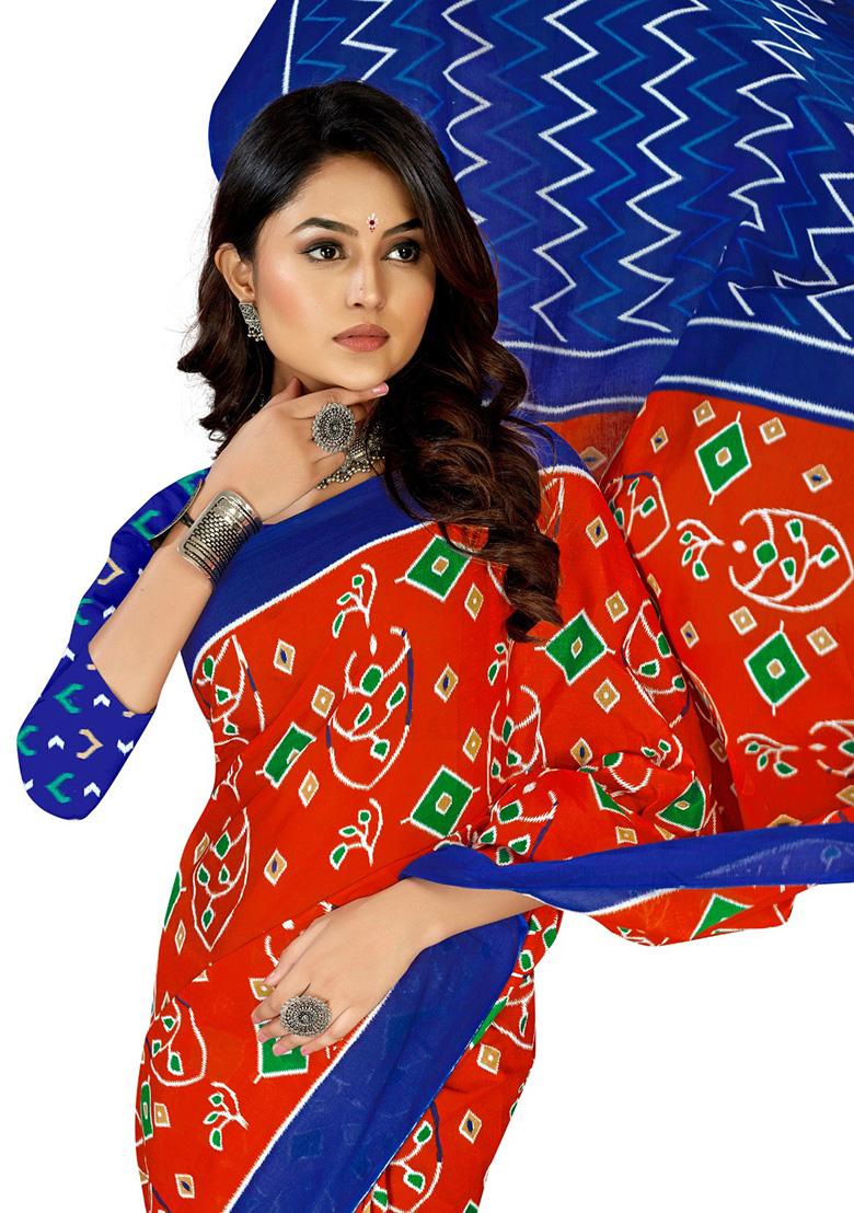 Orange  Printed Cotton Saree Set