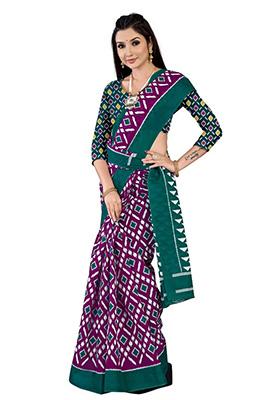 Purple Printed Cotton Saree Set