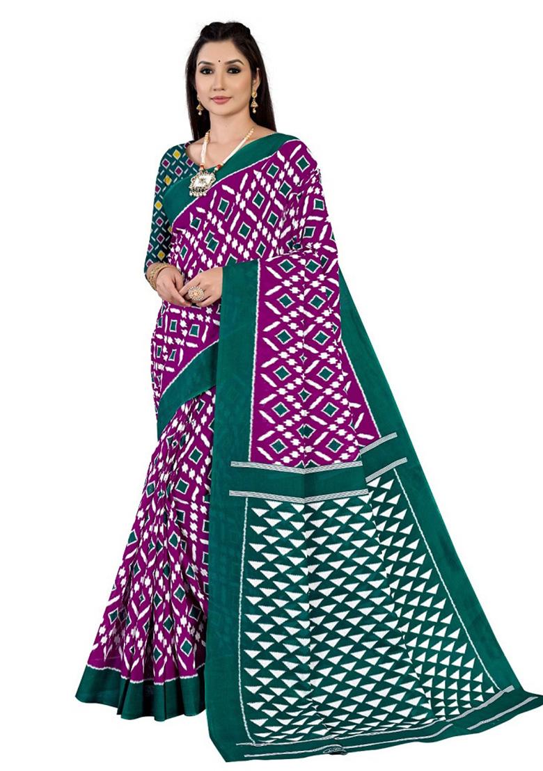 Purple Printed Cotton Saree Set