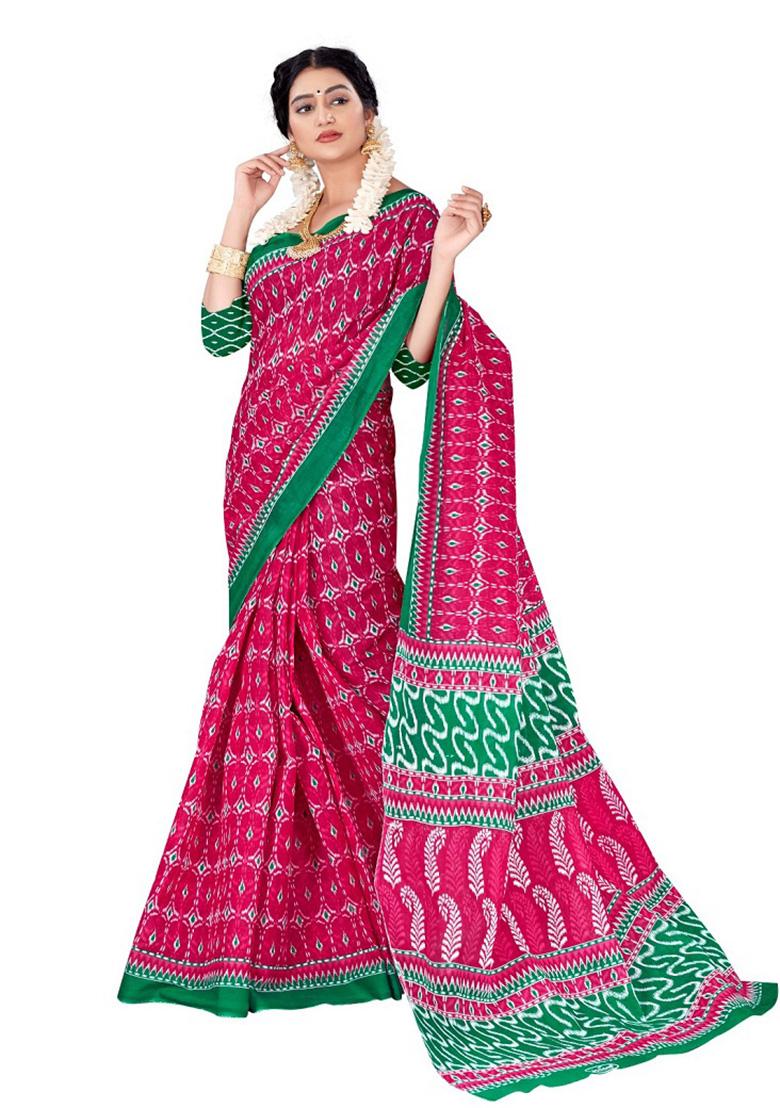 Rani Pink Printed Cotton Saree Set