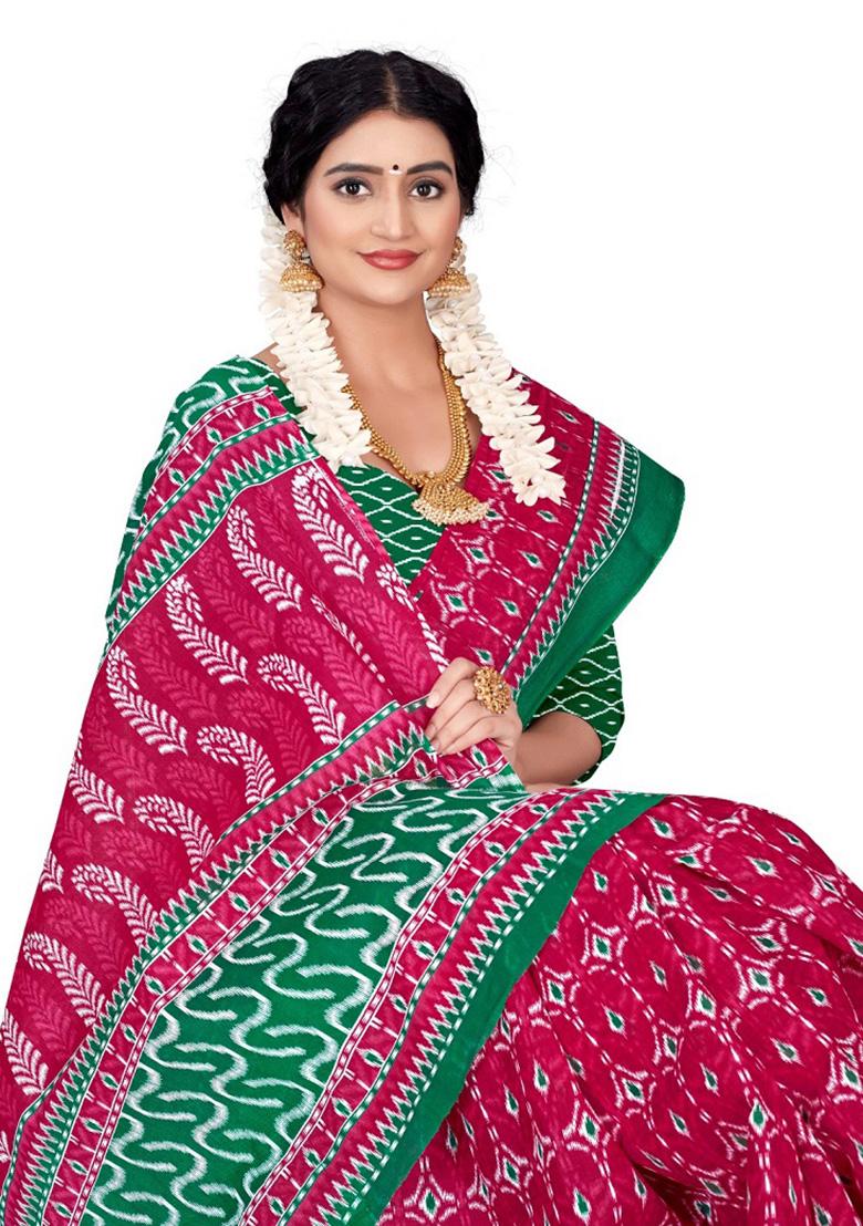 Rani Pink Printed Cotton Saree Set