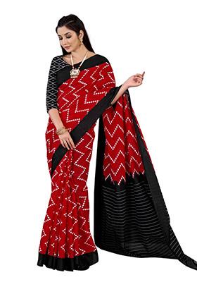 Red Printed Cotton Saree Set