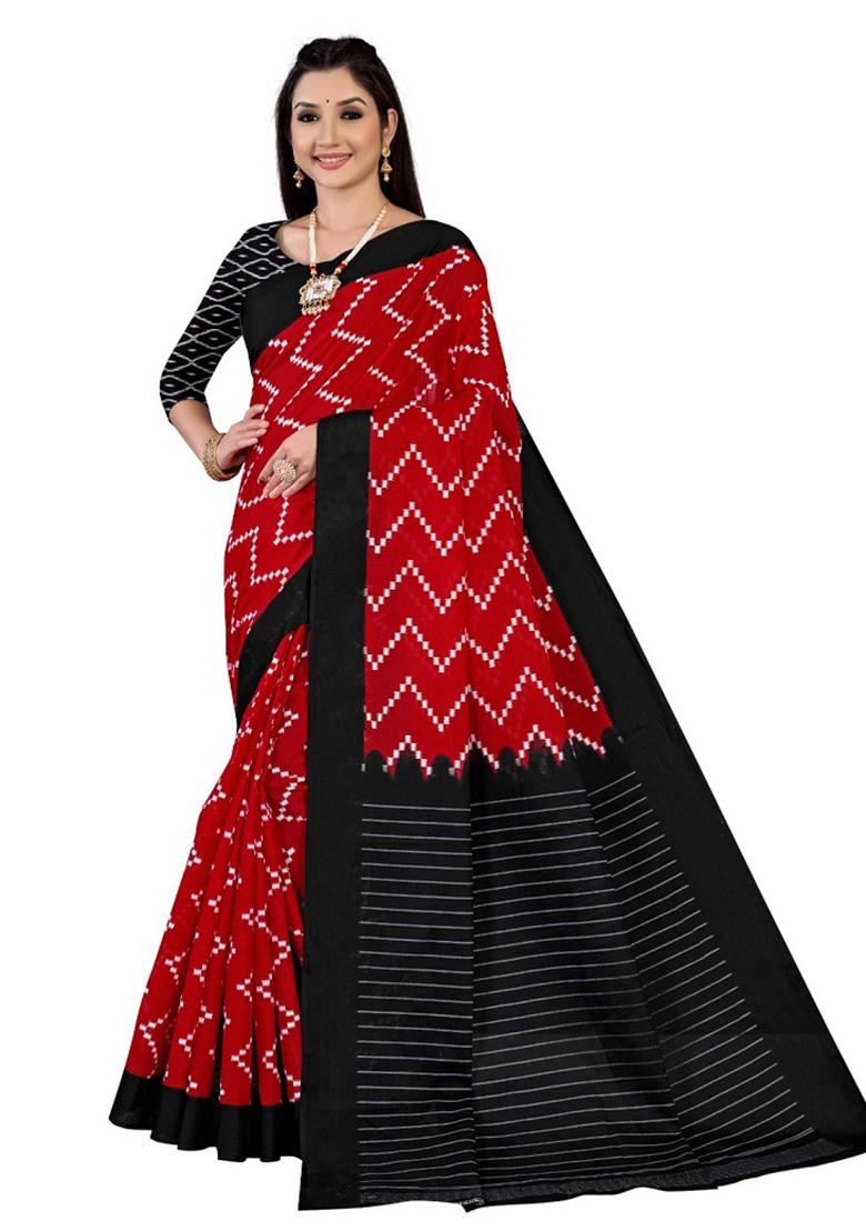 Red Printed Cotton Saree Set