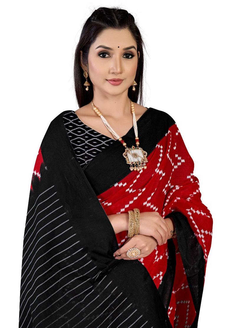 Red Printed Cotton Saree Set