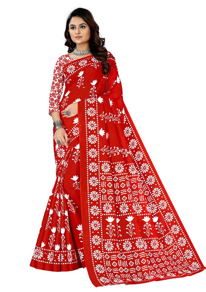 Red Printed Cotton Saree Set