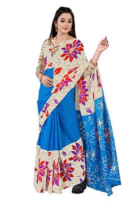 Sky Blue Printed Cotton Saree Set