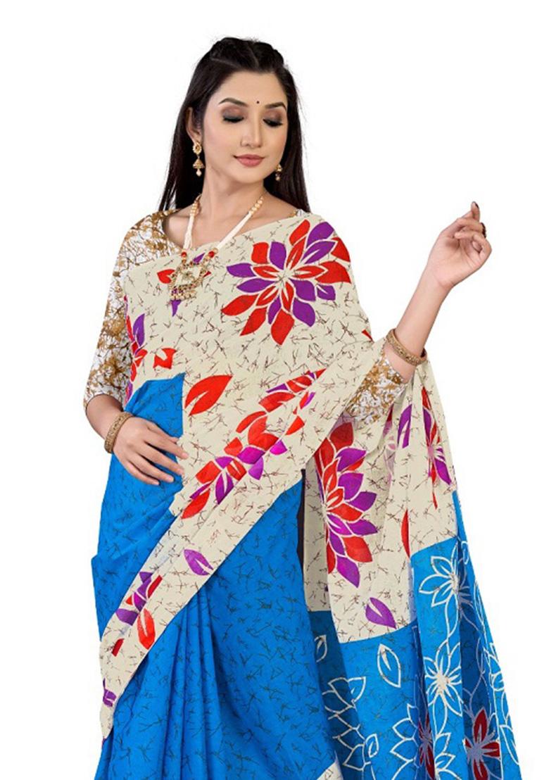 Sky Blue Printed Cotton Saree Set