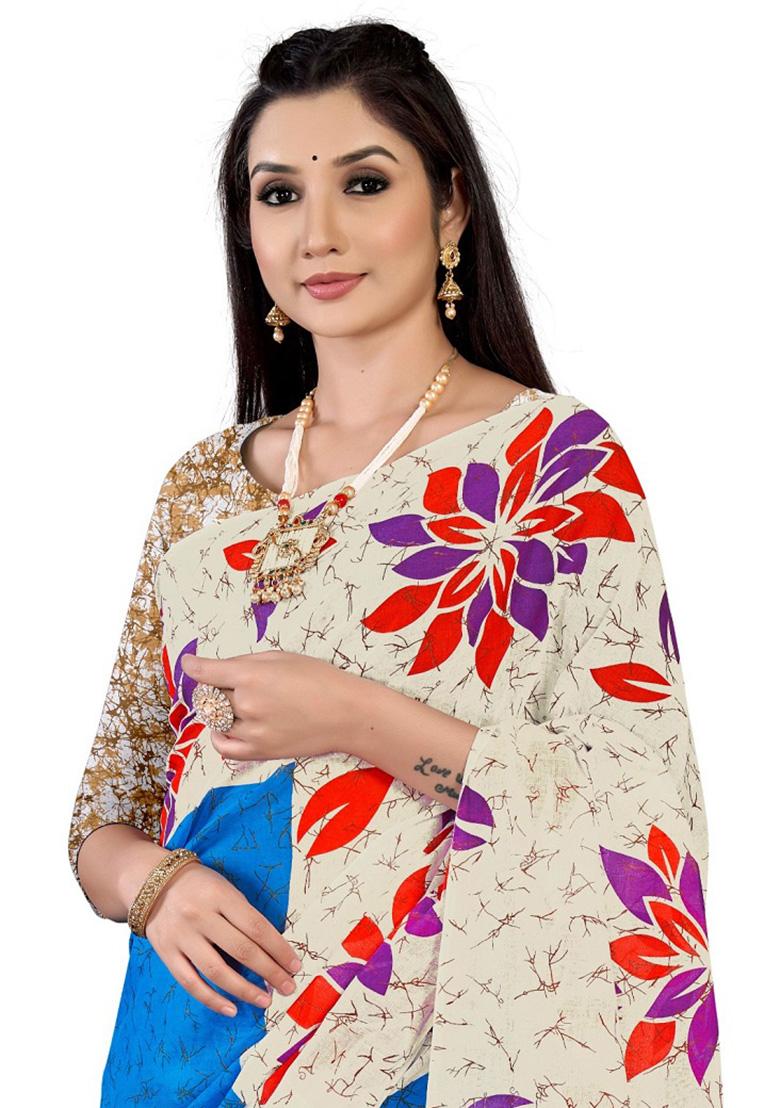 Sky Blue Printed Cotton Saree Set