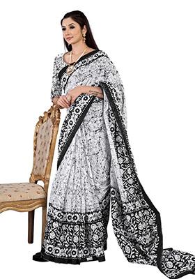 White Printed Cotton Saree Set