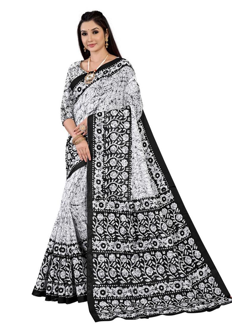 White Printed Cotton Saree Set