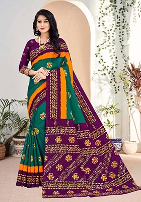 Dark Green Printed Cotton Saree Set
