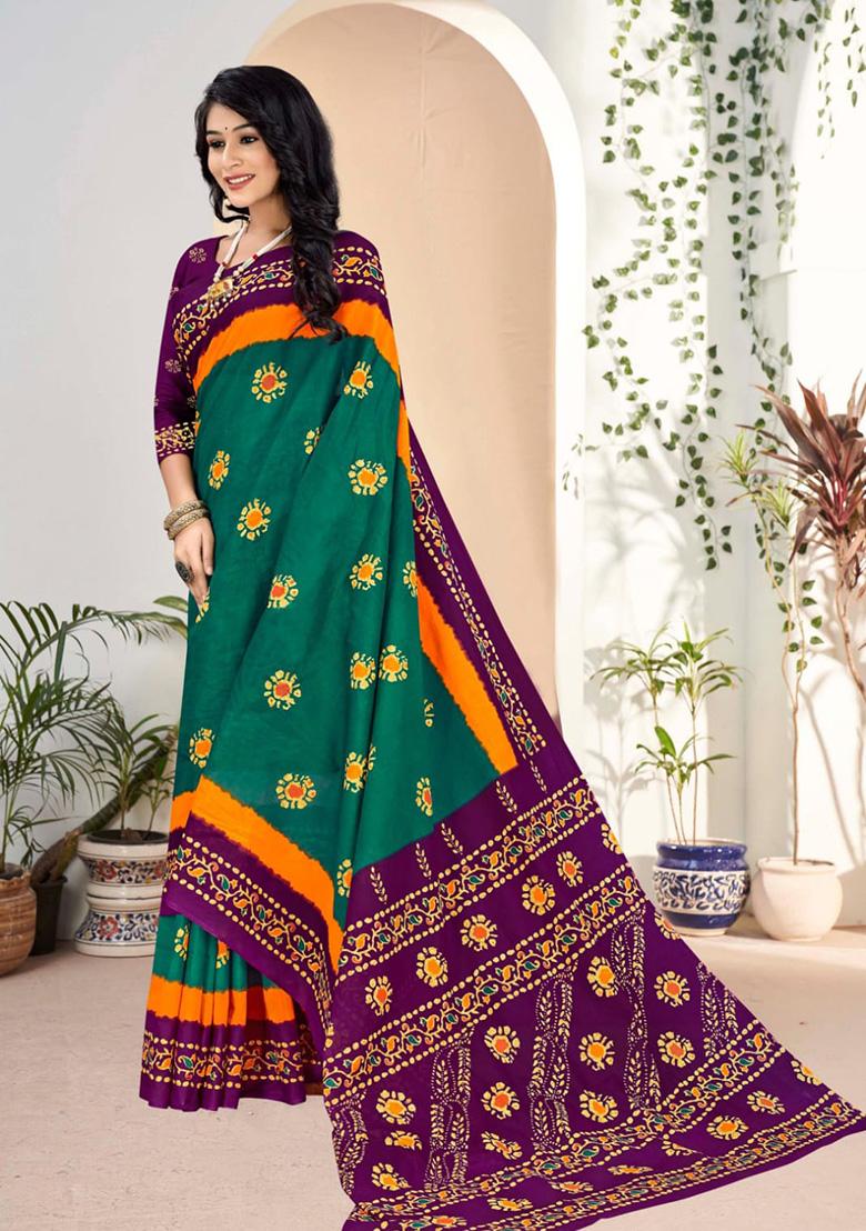 Dark Green Printed Cotton Saree Set