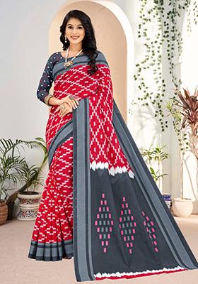 Dark Grey Printed Cotton Saree Set