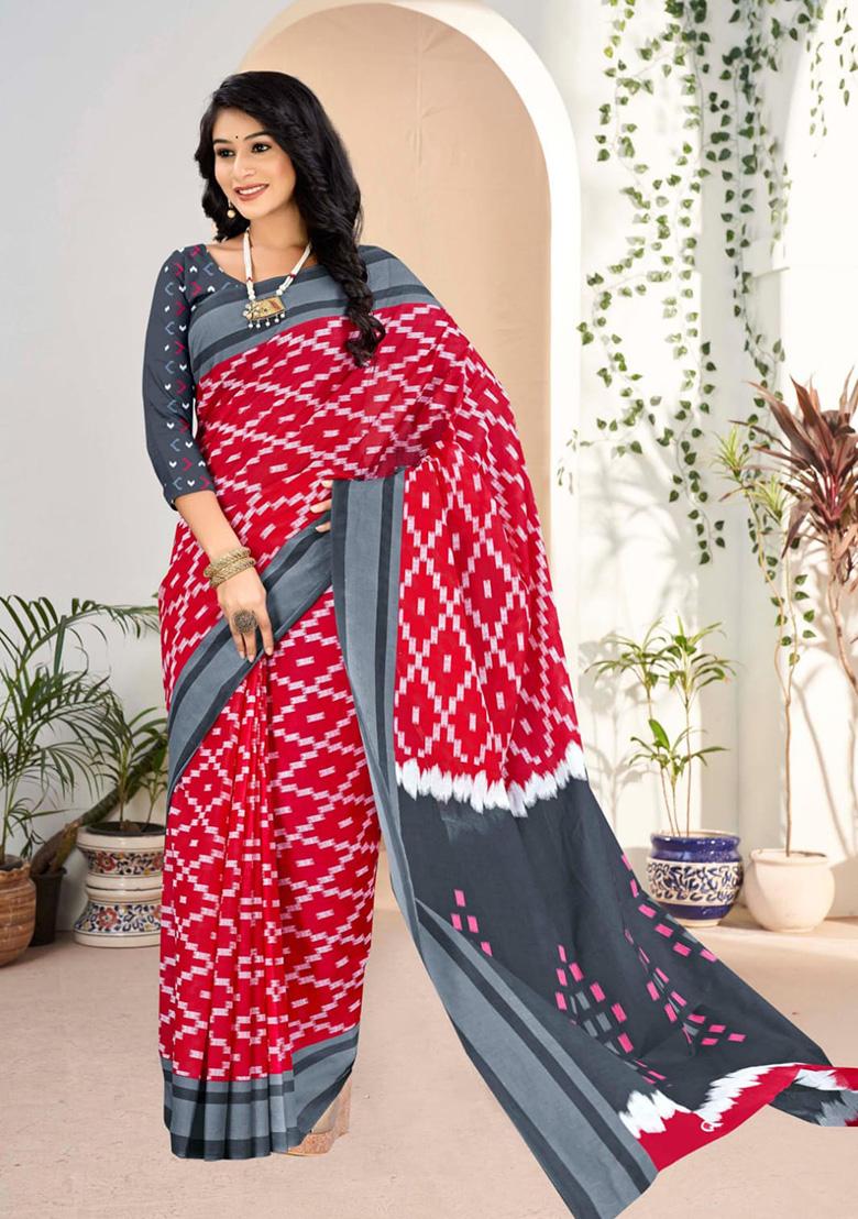 Dark Grey Printed Cotton Saree Set