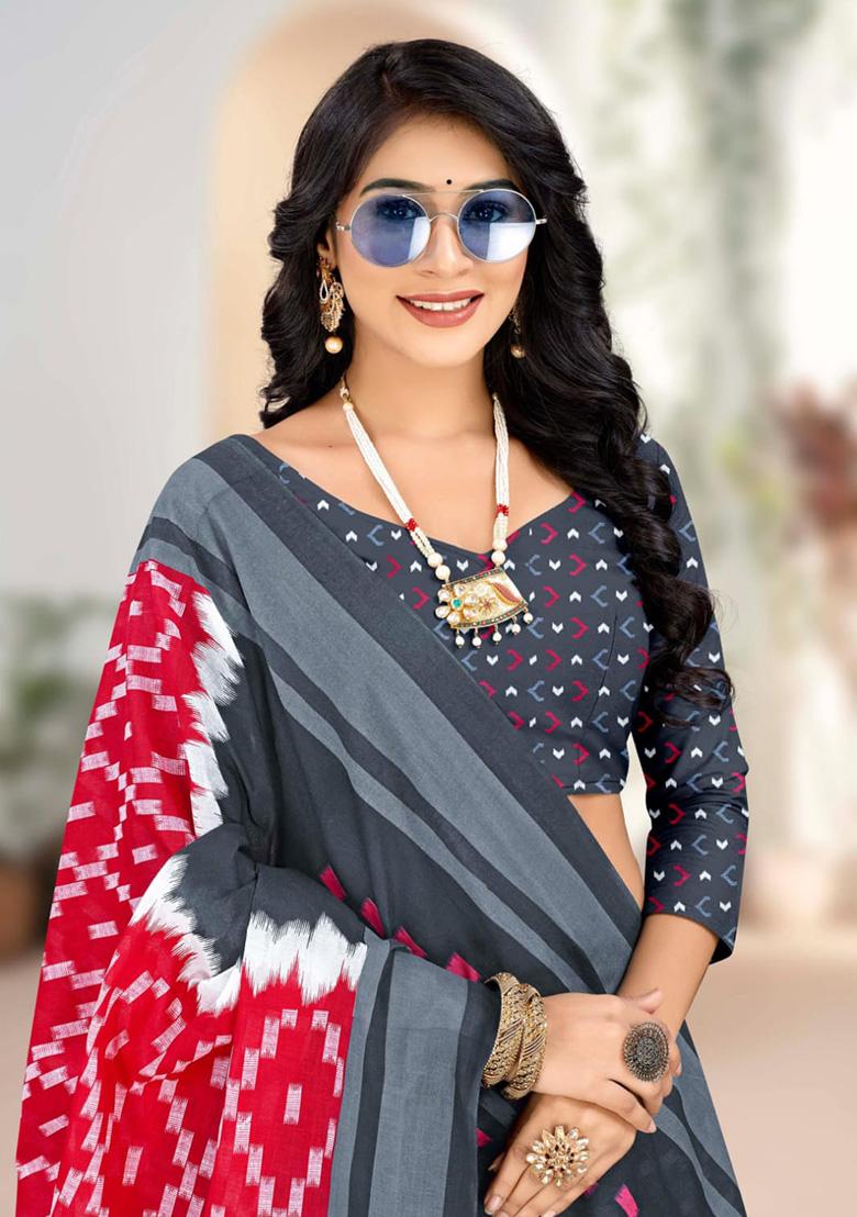 Dark Grey Printed Cotton Saree Set