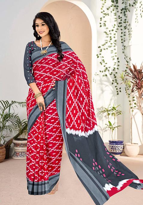 Grey Printed Cotton Saree main image 1
