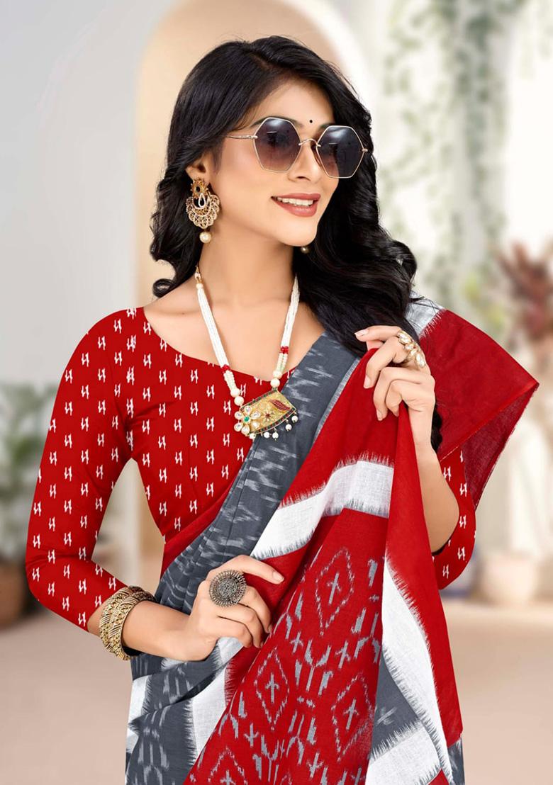 Dark Grey Printed Cotton Saree Set