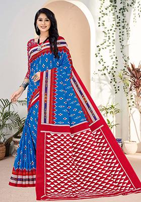 Sky Blue Printed Cotton Saree Set