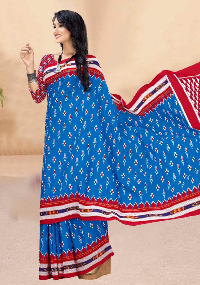 Sky Blue Printed Cotton Saree Set