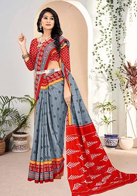 Grey Printed Cotton Saree Set