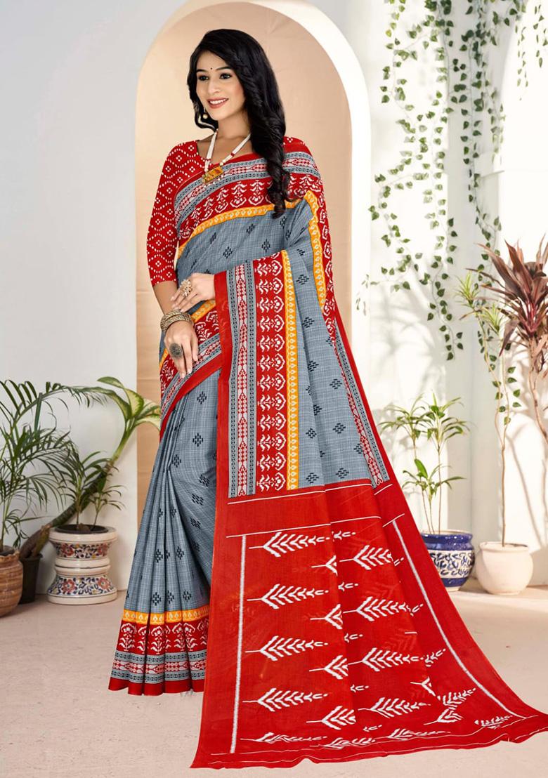 Grey Printed Cotton Saree Set