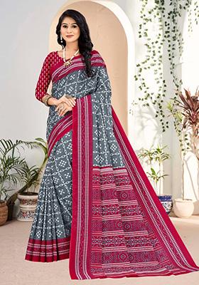 Grey Printed Cotton Saree Set