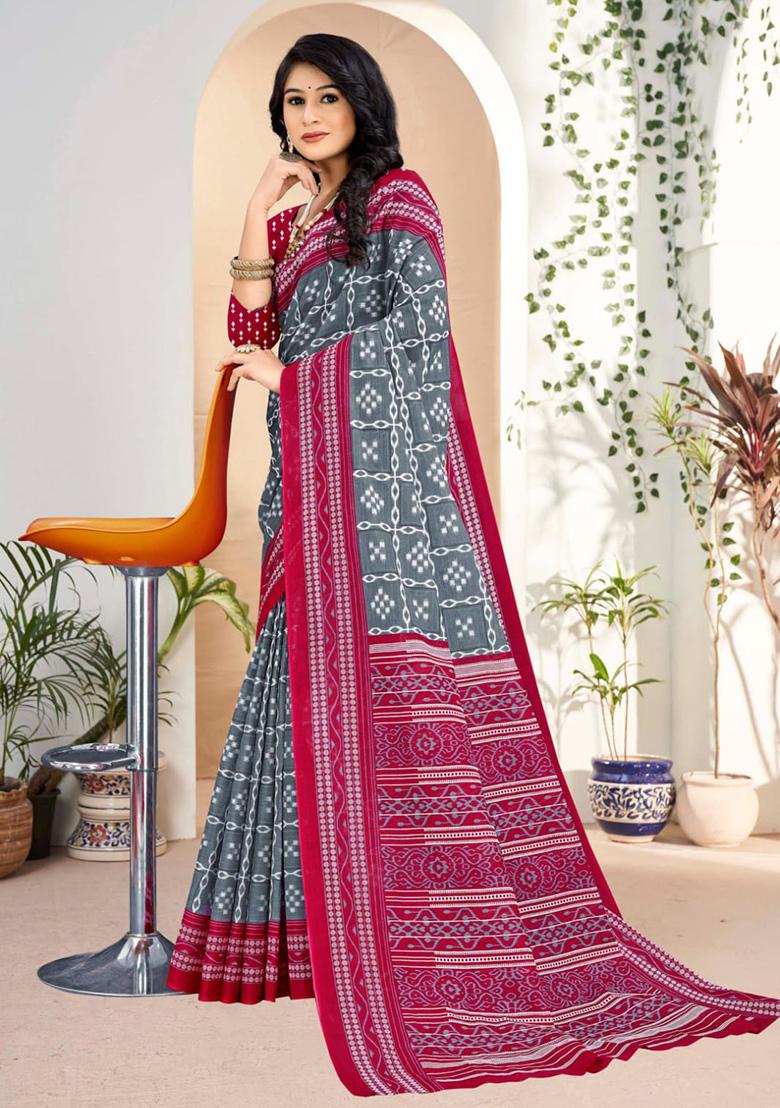 Grey Printed Cotton Saree Set