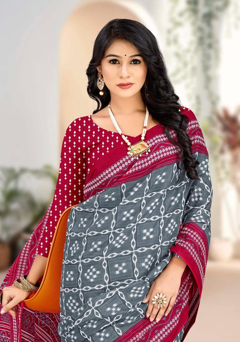 Grey Printed Cotton Saree Set