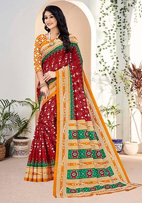 Maroon Printed Cotton Saree Set