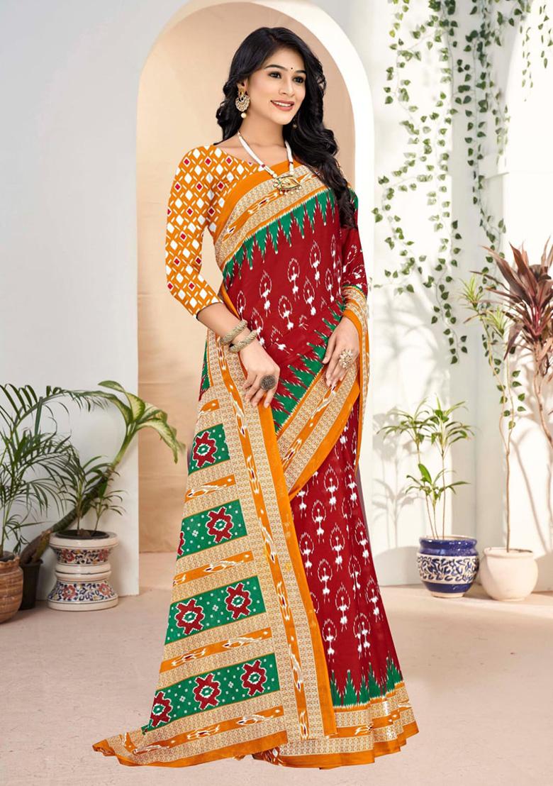 Maroon Printed Cotton Saree Set