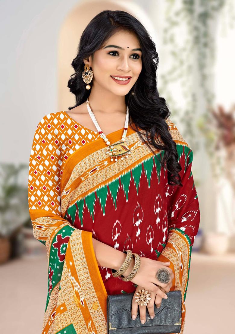 Maroon Printed Cotton Saree Set