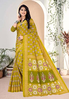 Yellow Printed Cotton Saree Set