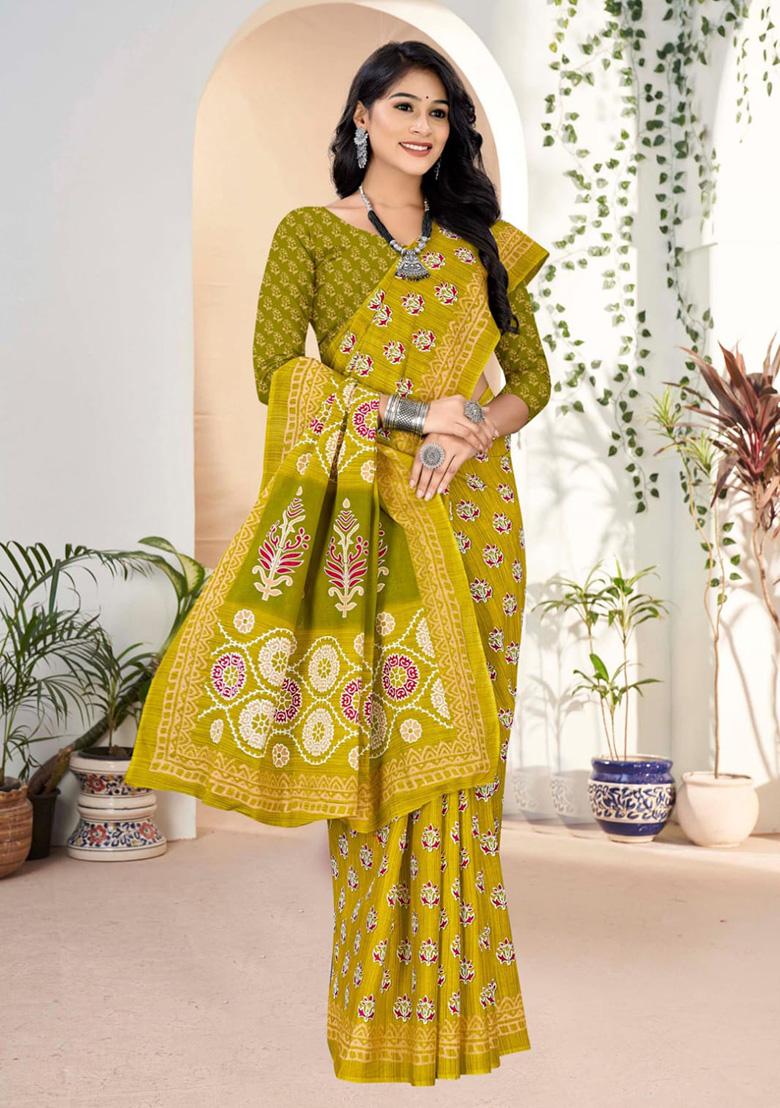 Yellow Printed Cotton Saree Set