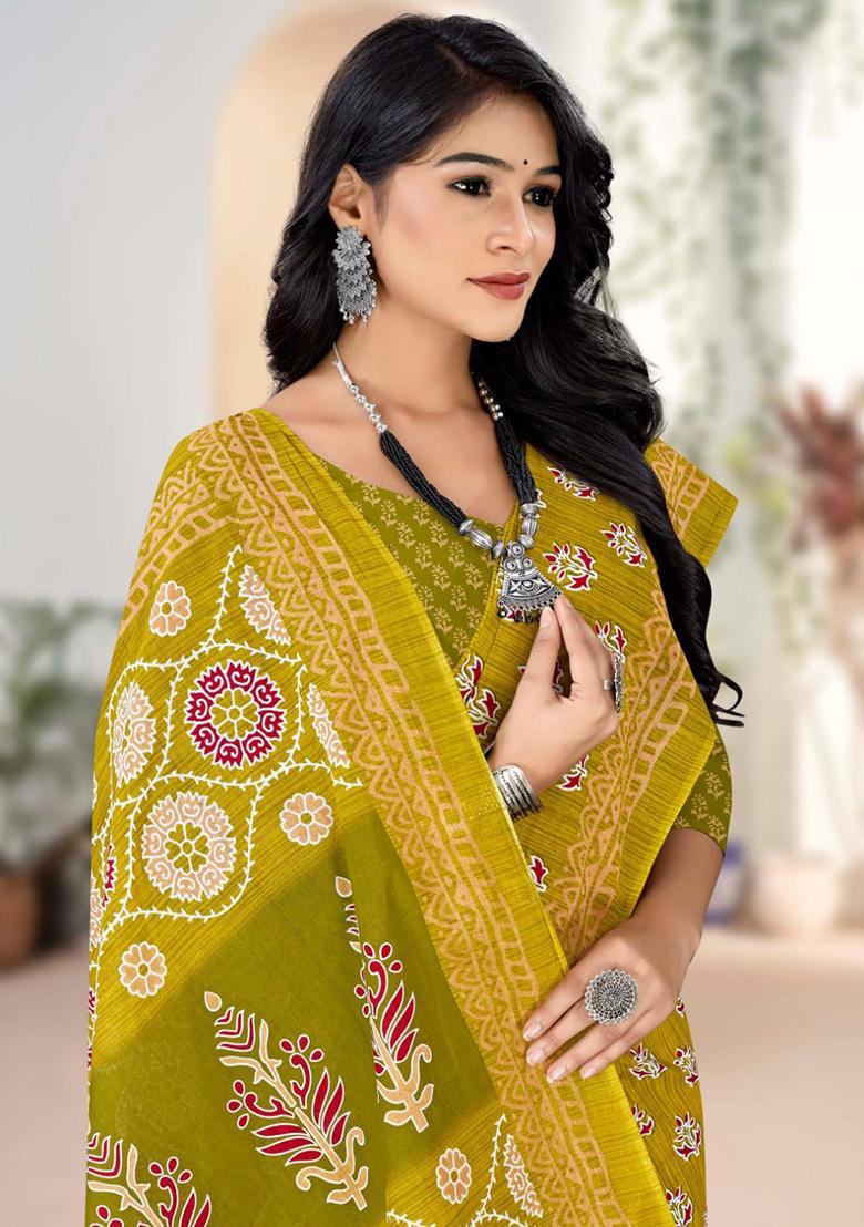 Yellow Printed Cotton Saree Set