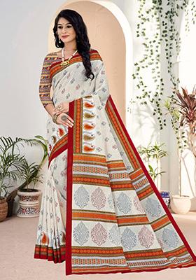 Off-White Printed Cotton Saree Set