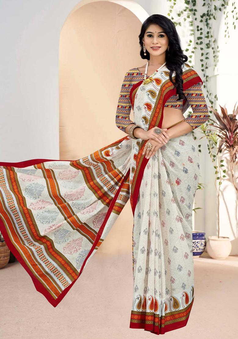Off-White Printed Cotton Saree Set
