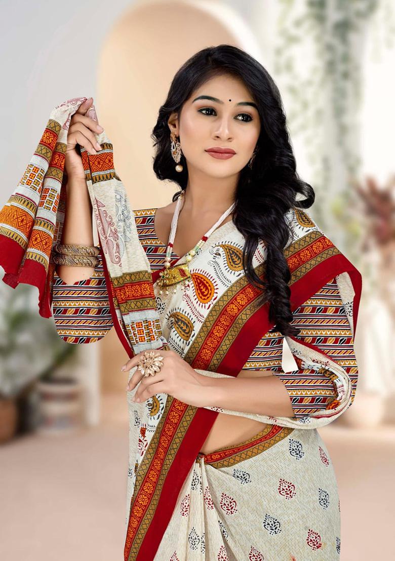 Off-White Printed Cotton Saree Set