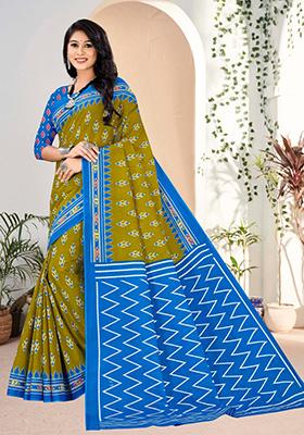 Olive Green Printed Cotton Saree Set