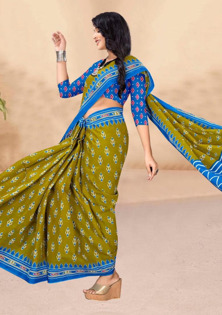 Olive Green Printed Cotton Saree Set