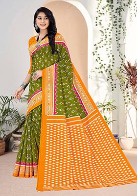 Olive Green Printed Cotton Saree Set