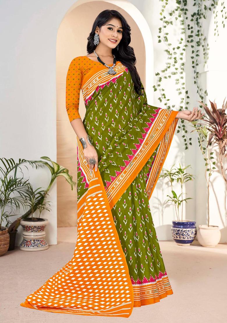 Olive Green Printed Cotton Saree Set