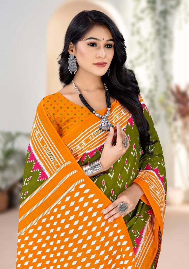 Olive Green Printed Cotton Saree Set