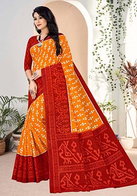 Orange  Printed Cotton Saree Set