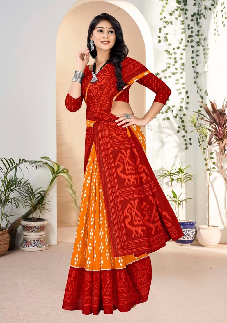 Orange  Printed Cotton Saree Set