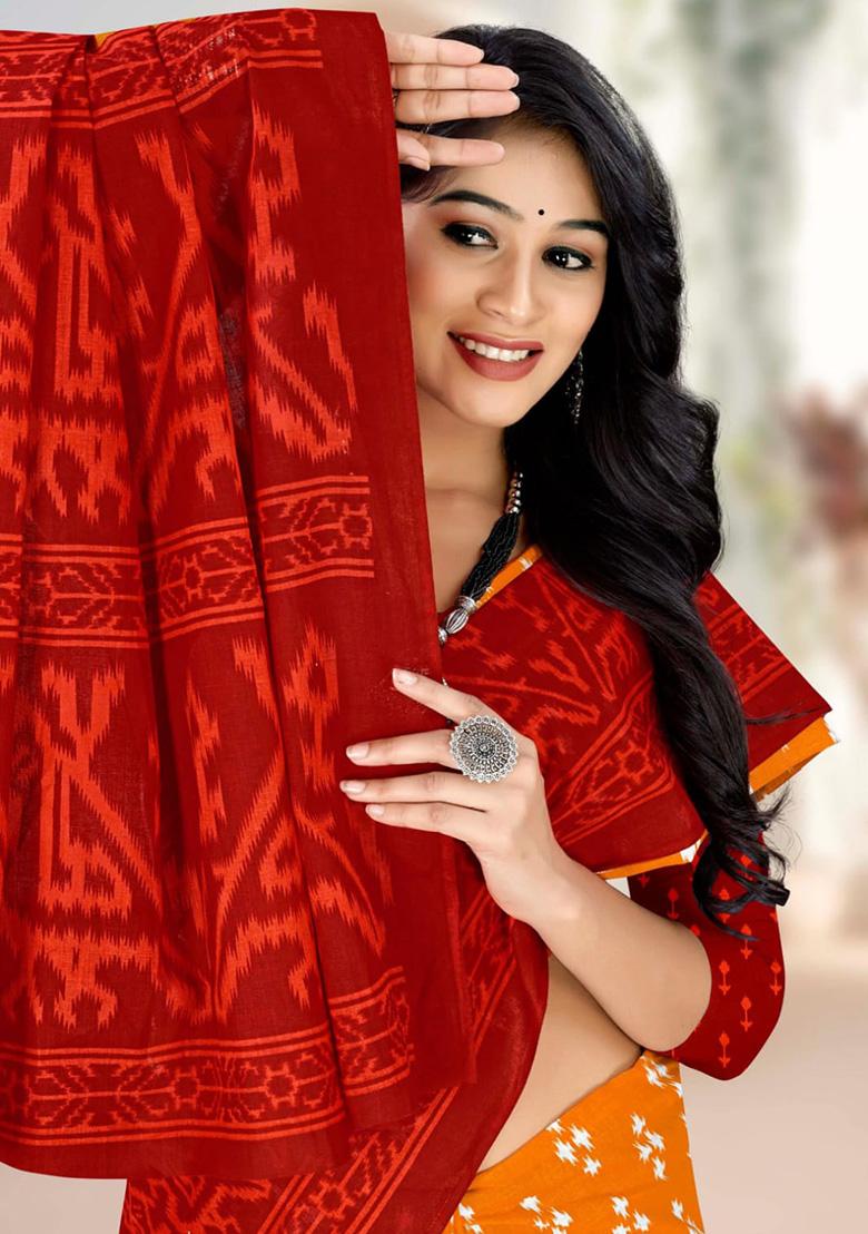 Orange  Printed Cotton Saree Set