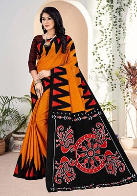 Orange  Printed Cotton Saree Set
